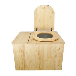 Toilette sèche huilée avec bac à copeaux de bois, bavette inox, seau plastique 22 litres, abattant bois huilé "D"