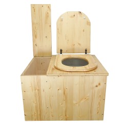 Toilette sèche huilée avec bac à copeaux de bois, bavette inox, seau plastique 22 litres, abattant bois huilé "D"