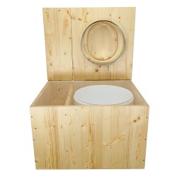 Toilette sèche huilée avec bac à copeaux de bois, bavette inox, seau plastique 22 litres, abattant bois huilé "D"