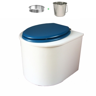toilette sèche en bois blanc arrondie complète avec abattant bleu nuit