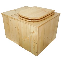 Toilette sèche huilée avec bac à copeaux de bois, bavette inox, seau plastique 22 litres, abattant bois huilé "D"