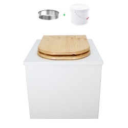 Toilette sèche en bois blanc, complète avec seau plastique 22L, bavette inox, abattant bois huilé "D"