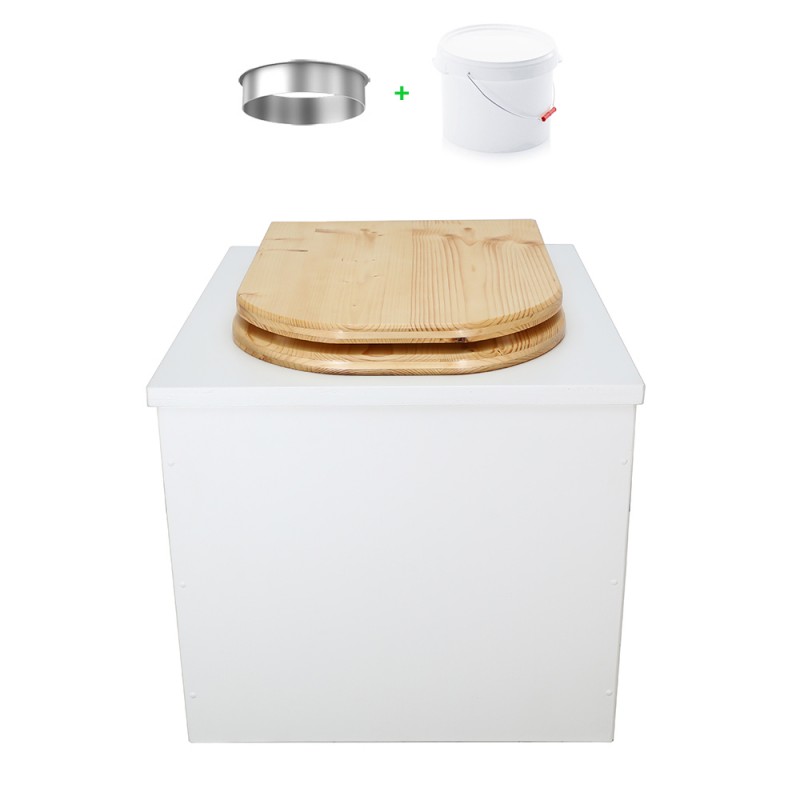 Toilette sèche en bois blanc, complète avec seau plastique 22L, bavette inox, abattant bois huilé "D"