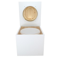 Toilette sèche en bois blanc, complète avec seau plastique 22L, bavette inox, abattant bois huilé "D"