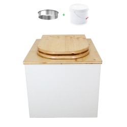 Toilette sèche en bois blanc/huilé complète avec seau plastique 22L, bavette inox, abattant bois huilé "D"