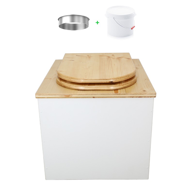 Toilette sèche en bois blanc/huilé complète avec seau plastique 22L, bavette inox, abattant bois huilé "D"