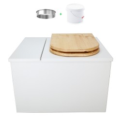 Toilette sèche en bois blanc avec bac intégré, abattant bois forme "D" huilé. Livré complet avec bavette inox et seau 22 litres