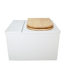 Toilette sèche en bois blanc avec bac intégré, abattant bois forme "D" huilé. Livré complet avec bavette inox et seau 22 litres