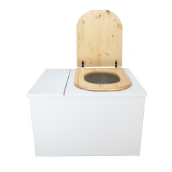 Toilette sèche en bois blanc avec bac intégré, abattant bois forme "D" huilé. Livré complet avec bavette inox et seau 22 litres