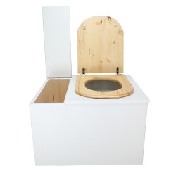 Toilette sèche en bois blanc avec bac intégré, abattant bois forme "D" huilé. Livré complet avec bavette inox et seau 22 litres