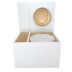 Toilette sèche en bois blanc avec bac intégré, abattant bois forme "D" huilé. Livré complet avec bavette inox et seau 22 litres