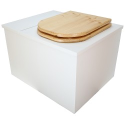 Toilette sèche en bois blanc avec bac intégré, abattant bois forme "D" huilé. Livré complet avec bavette inox et seau 22 litres