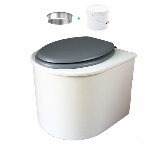toilette sèche arrondie blanche avec abattant gris