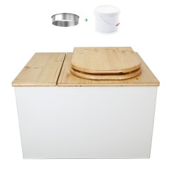 Toilette sèche avec bac à copeaux de bois. bois blanc/huilé, abattant bois "D" huilé. Livré avec bavette inox et seau 22 litres