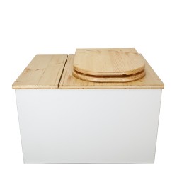 Toilette sèche avec bac à copeaux de bois. bois blanc/huilé, abattant bois "D" huilé. Livré avec bavette inox et seau 22 litres