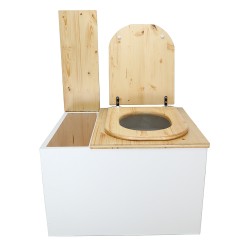 Toilette sèche avec bac à copeaux de bois. bois blanc/huilé, abattant bois "D" huilé. Livré avec bavette inox et seau 22 litres