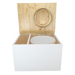 Toilette sèche avec bac à copeaux de bois. bois blanc/huilé, abattant bois "D" huilé. Livré avec bavette inox et seau 22 litres