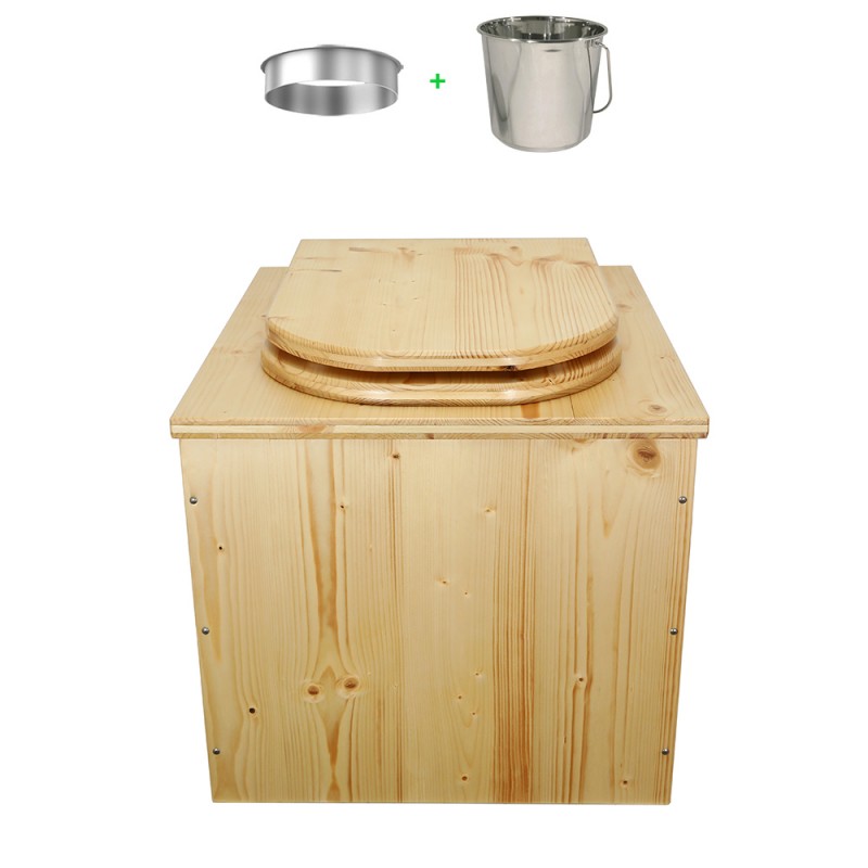 Toilette sèche en bois huilée avec seau inox et bavette inox, abattant "D"