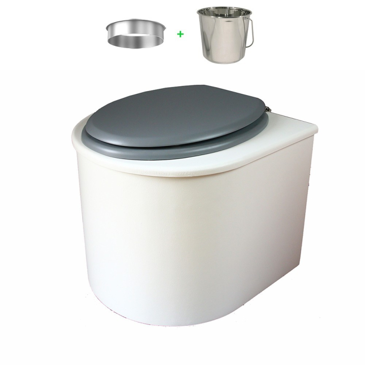 toilette sèche en bois blanc arrondie complète avec abattant gris clair