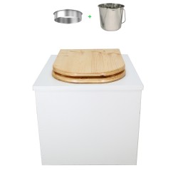 Toilette sèche en bois blanc complète avec seau inox et bavette inox - abattant bois huilé forme de D
