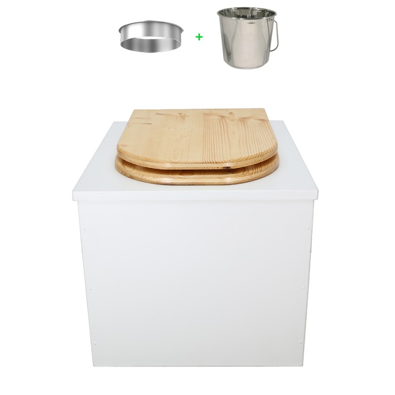 Toilette sèche en bois blanc complète avec seau inox et bavette inox - abattant bois huilé forme de D