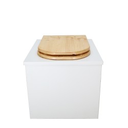 Toilette sèche en bois blanc complète avec seau inox et bavette inox - abattant bois huilé forme de D