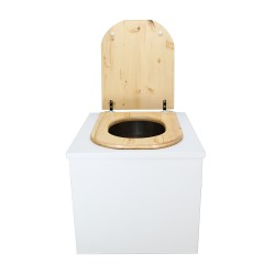 Toilette sèche en bois blanc complète avec seau inox et bavette inox - abattant bois huilé forme de D
