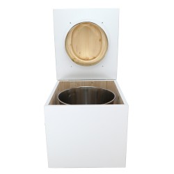 Toilette sèche en bois blanc complète avec seau inox et bavette inox - abattant bois huilé forme de D