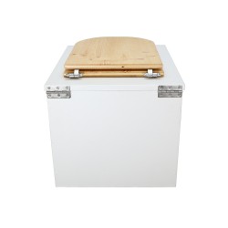 Toilette sèche en bois blanc complète avec seau inox et bavette inox - abattant bois huilé forme de D