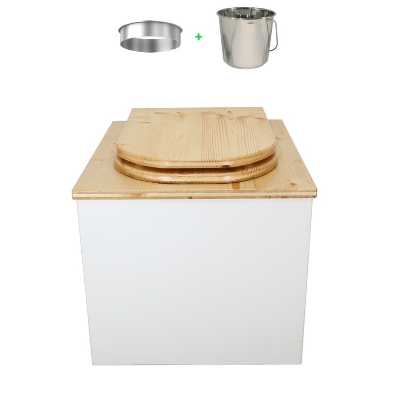 Toilette sèche en bois blanc/huilé complète avec seau inox 22 litres et bavette inox - abattant bois huilé forme de D