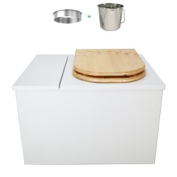 Toilette sèche avec bac à copeaux de bois. bois blanc, abattant "D" huilé. Livré complet avec bavette inox et seau inox
