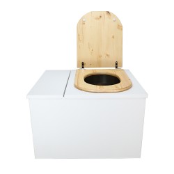 Toilette sèche avec bac à copeaux de bois. bois blanc, abattant "D" huilé. Livré complet avec bavette inox et seau inox