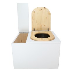 Toilette sèche avec bac à copeaux de bois. bois blanc, abattant "D" huilé. Livré complet avec bavette inox et seau inox