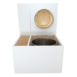 Toilette sèche avec bac à copeaux de bois. bois blanc, abattant "D" huilé. Livré complet avec bavette inox et seau inox