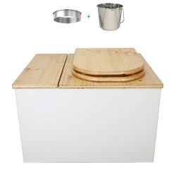 Toilette sèche avec bac à copeaux de bois. bois blanc/huilé, abattant "D" huilé. Livré avec bavette inox et seau inox.