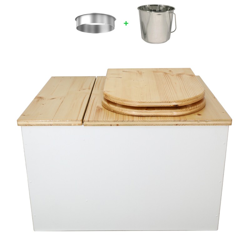 Toilette sèche avec bac à copeaux de bois. bois blanc/huilé, abattant "D" huilé. Livré avec bavette inox et seau inox.
