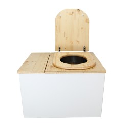 Toilette sèche avec bac à copeaux de bois. bois blanc/huilé, abattant "D" huilé. Livré avec bavette inox et seau inox.