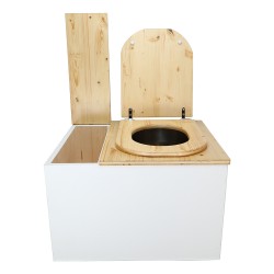 Toilette sèche avec bac à copeaux de bois. bois blanc/huilé, abattant "D" huilé. Livré avec bavette inox et seau inox.