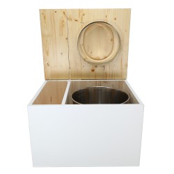 Toilette sèche avec bac à copeaux de bois. bois blanc/huilé, abattant "D" huilé. Livré avec bavette inox et seau inox.
