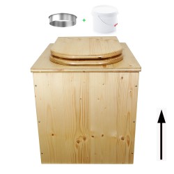 Toilette sèche rehaussée en bois huilé avec bavette inox, seau plastique 22 litres, abattant bois huilé forme de D