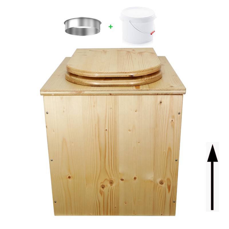 Toilette sèche rehaussée en bois huilé avec bavette inox, seau plastique 22 litres, abattant bois huilé forme de D
