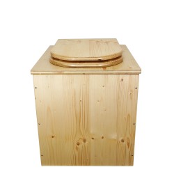 Toilette sèche rehaussée en bois huilé avec bavette inox, seau plastique 22 litres, abattant bois huilé forme de D