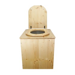 Toilette sèche rehaussée en bois huilé avec bavette inox, seau plastique 22 litres, abattant bois huilé forme de D