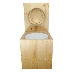 Toilette sèche rehaussée en bois huilé avec bavette inox, seau plastique 22 litres, abattant bois huilé forme de D