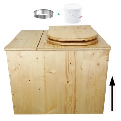 Toilette sèche rehaussée huilée avec bac à copeaux de bois, bavette inox, seau plastique 22L, abattant bois huilé forme D