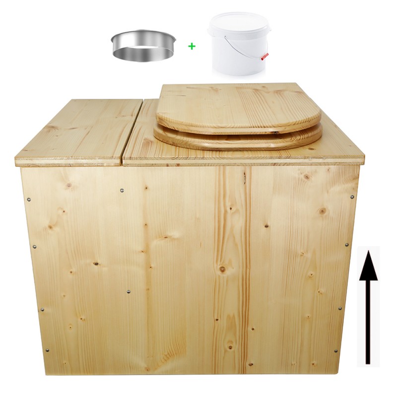 Toilette sèche rehaussée huilée avec bac à copeaux de bois, bavette inox, seau plastique 22L, abattant bois huilé forme D