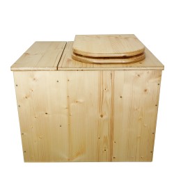 Toilette sèche rehaussée huilée avec bac à copeaux de bois, bavette inox, seau plastique 22L, abattant bois huilé forme D