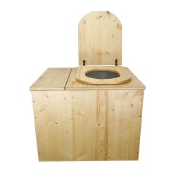 Toilette sèche rehaussée huilée avec bac à copeaux de bois, bavette inox, seau plastique 22L, abattant bois huilé forme D