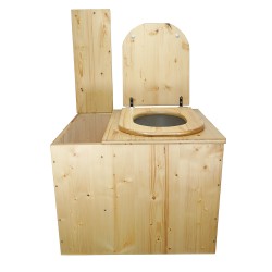 Toilette sèche rehaussée huilée avec bac à copeaux de bois, bavette inox, seau plastique 22L, abattant bois huilé forme D