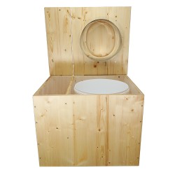 Toilette sèche rehaussée huilée avec bac à copeaux de bois, bavette inox, seau plastique 22L, abattant bois huilé forme D